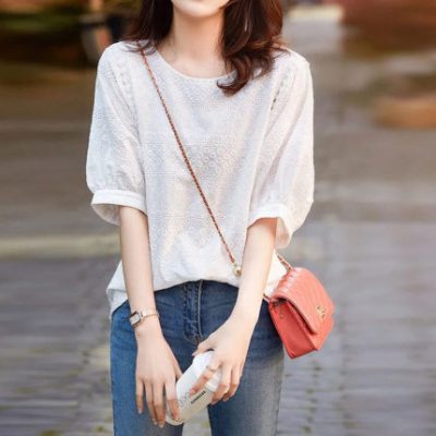 Áo thun nữ ngắn tay màu trắng mùa hè thêu hoa cao cấp cotton và vải lanh áo sơ mi rộng rãi size lớn mỏng đầu trong
