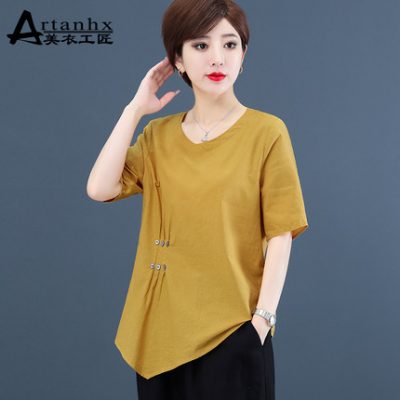 Cotton and linen áo thun ngắn tay dành cho phụ nữ mùa hè mỏng phần 2022 mới rời cỡ lớn nữ hàng châu Âu áo sơ mi nhỏ áo sơ mi gai