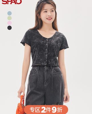 Áo thun nữ SPAO 2022 mùa hè mới ngắn buộc-nhuộm cổ tròn áo thun ngắn tay SPRAC25S21