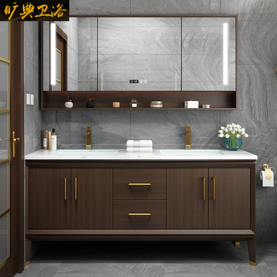 Tủ phòng tắm bằng gỗ sồi Trung Quốc mới kết hợp rửa mặt bồn rửa mặt hồ bơi gỗ rắn đá phiến bồn rửa đôi bồn rửa nhà vệ sinh