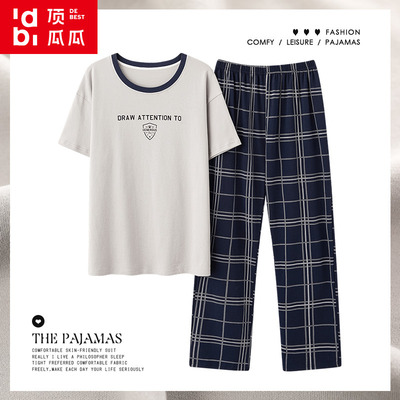 Đồ ngủ trên đầu quần tây nam mùa hè cotton ngắn tay quần tây nam mặc nhà mùa hè mỏng phần kích thước lớn phù hợp với giản dị