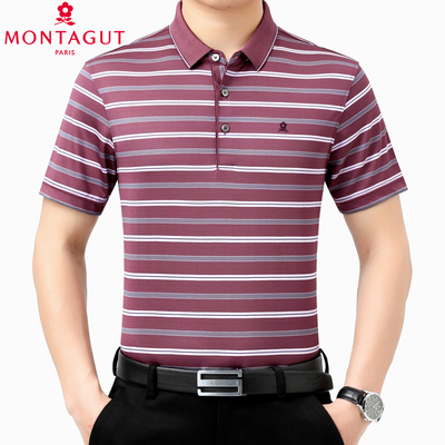 Chính hãng Pháp Áo thun lụa dâu tằm Emment Guillaume ngắn tay nam giới trung niên bố kinh doanh sọc băng lụa hàng đầu nam giới