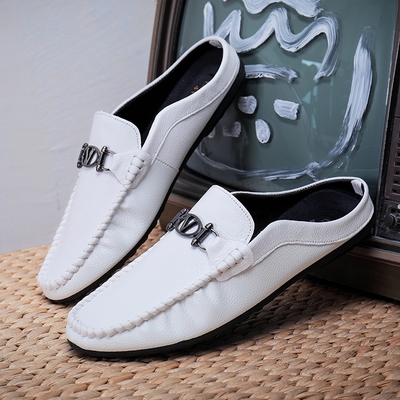 Quần áo nam mùa hè thanh niên không có gót Người Anh trêu chọc Giày Doudou Phiên bản Hàn Quốc da nửa kéo không gốc giày trắng giày da thủy triều