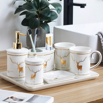 Phòng tắm gốm sứ sang trọng nhẹ năm mảnh Bộ rửa Bắc Âu nước súc miệng cốc bàn chải đánh răng cốc bàn chải đánh răng đồ dùng phòng tắm phòng tắm