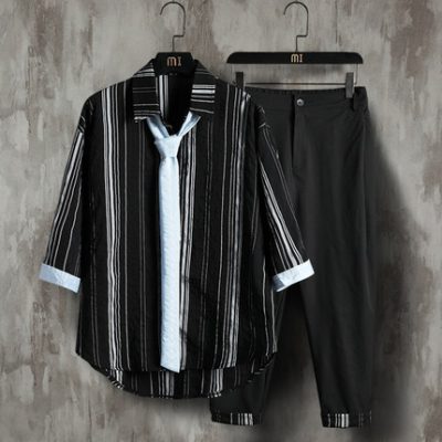 Mùa hè Ice Silk Bộ đồ thường ngày Bộ đồ nam sọc ngang tay áo ba lỗ Thương hiệu Tide Quần dài 9 điểm Bộ đồ đẹp trai Bộ phù hợp