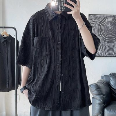 Nhăn gợn sóng kết cấu áo sơ mi nam ngắn tay mùa hè lãng tử đẹp trai chiên đường phố triều quốc 7 ba phần tư tay áo sơ mi chất lượng cao