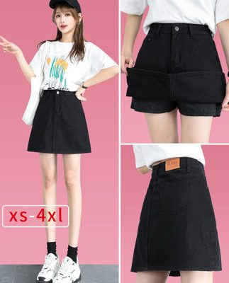 Váy ngắn màu đen của phụ nữ A-dòng lưng cao váy denim mỏng mùa hè lót với chống ánh sáng che đáy quần kích thước lớn chất béo mm