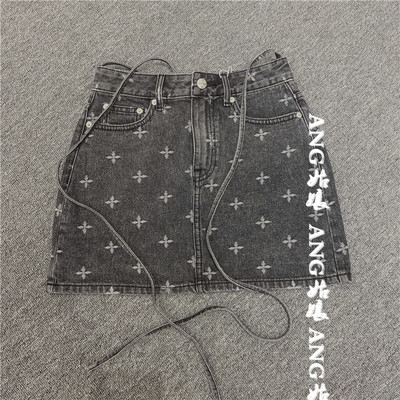 SMFK sân vườn denim váy ngắn của phụ nữ chéo hoa jacquard khói màu xám rửa bông hông váy 22 mới