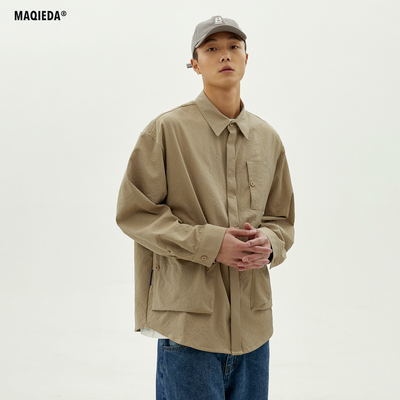 Macheda mùa xuân Hồng Kông phong cách thủy triều Nhật Bản áo sơ mi nam công cụ bình thường đẹp trai áo sơ mi rắn màu dài tay rộng rãi