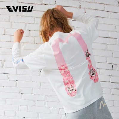 EVISU 2022 Mùa hè mới dành cho phụ nữ Mèo may mắn và Mẫu áo thun tay ngắn in hình Big M