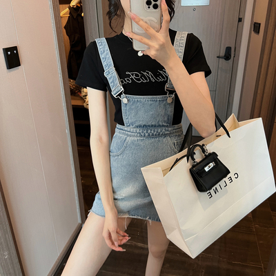 IN MIMIFACE váy dây denim màu xanh lam của phụ nữ thời trang mùa hè thiết kế giảm tuổi thiết kế váy ngắn thích hợp