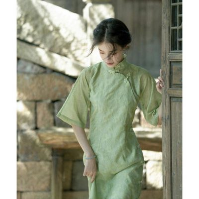 Màu xanh lá cây mới phong cách Trung Quốc hàng ngày được cải tiến váy sườn xám của phụ nữ thiết kế mùa hè thích hợp cho cô gái trẻ váy dài