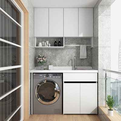 Không gian nhôm trống máy giặt tích hợp tủ ban công đồng hành tùy chỉnh với tủ rửa bằng đá thạch anh giặt tủ quần áo chậu rửa