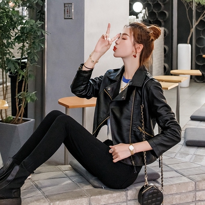 Da của phụ nữ 2022 phiên bản mới của Hàn Quốc áo khoác da ngắn của phụ nữ đi xe máy PU da cừu mỏng vào mùa xuân và mùa thu áo khoác nhỏ