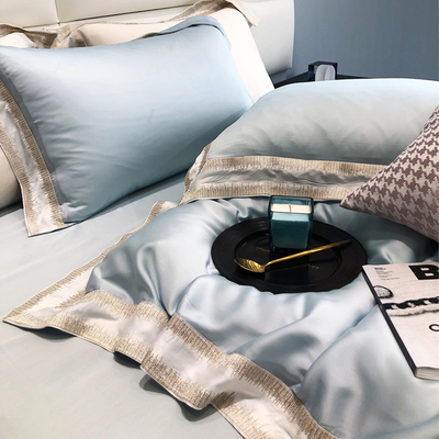 Mùa xuân và mùa hè 60 lyocell hai mặt tencel bộ bốn mảnh thêu đơn giản băng lụa mịn nhẹ Bộ đồ giường sang trọng