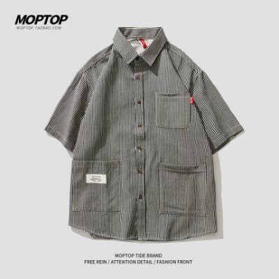 Mùa hè phong cách cảng áo sơ mi nam công cụ ngắn tay phiên bản Hàn Quốc xu hướng áo khoác sọc giản dị áo sơ mi thủy triều rời thương hiệu