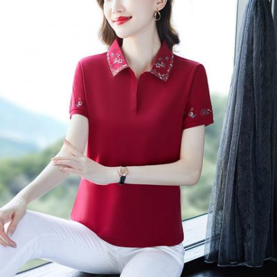 Áo thun nữ ngắn tay mùa hè 2022 thời trang mới phong cách phương tây giảm tuổi phụ nữ trung niên ve áo sơ mi thêu cỡ lớn