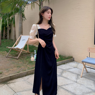 Màu xanh ngôn ngữ cộng với kích thước quần áo của phụ nữ chị béo mm Pháp váy phá cách trà đen 2022 mùa hè phong cách mới che bụng váy xẻ tà