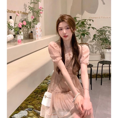 Ngốc gia đình mối tình đầu váy Pháp nữ cổ chữ v màu hồng ngọt ngào váy mùa hè váy cổ tích váy ngắn đẹp trong