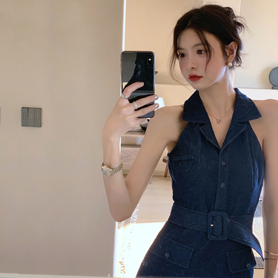 Fan Zhiqiao váy denim của phụ nữ cao cấp cảm giác eo thon thon gọn không tay retro tinh khiết mong muốn gió váy hot girl