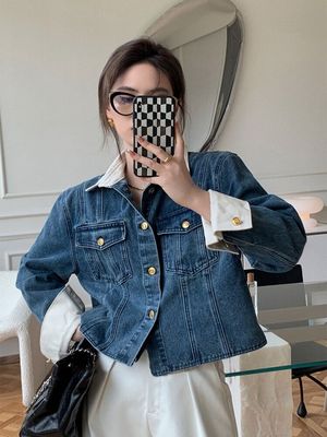AVIS-HIỆN ĐẠI thiết kế cảm giác đầy tính khí ngắn khâu màu tương phản áo khoác denim của phụ nữ áo khoác đầu mùa xuân