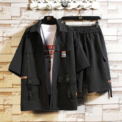 Sọc áo sơ mi công sở phù hợp với nam mùa hè băng lụa quần short ngắn tay hai mảnh set đồ cao cấp đẹp trai ruffian set match