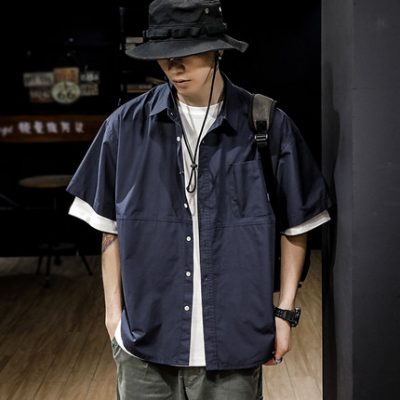 Chất lượng cao áo sơ mi ngắn tay xếp chồng lên nhau của nam giới mùa hè Mỹ triều thương hiệu áo sơ mi cỡ lớn rộng rãi xu hướng áo thun nửa tay của nam giới