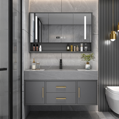 Ánh sáng sang trọng sang trọng tủ phòng tắm gương thông minh kết hợp phòng tắm tối giản hiện đại Bộ chậu rửa bằng gỗ nguyên khối