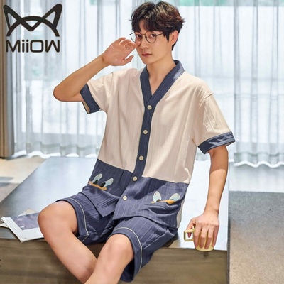 Người mèo bông pyjama nam mùa hè cotton ngắn tay quần đùi cardigan dịch vụ tại nhà cho nam giới trẻ mùa hè cotton mỏng