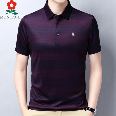 Áo thun ngắn tay lụa dâu tằm 100% của nam giới Montagut dành cho người cha trung niên kinh doanh giản dị cao cấp ve áo lụa băng