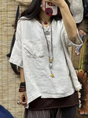 Lizi Original Top Áo Thun Cổ Chữ V Mùa Hè Mới Nguyên Bản Ngắn Có Che Phủ Thêu Vải lanh Màu Rắn Nữ Áo T-shirt