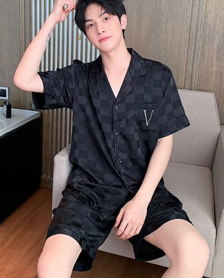 Bộ đồ ngủ nam, Áo ngắn tay, Quần đùi, Lụa băng mỏng, Đồ nam mùa hè, Lụa mùa hè, Bộ đồ mặc nhà nam có thể đeo được