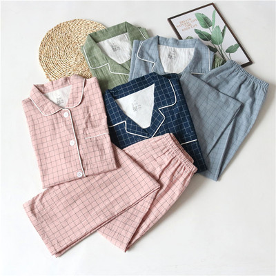 Mùa xuân và mùa thu bộ đồ ngủ cotton tinh khiết của phụ nữ nam dài tay kẻ sọc Nhật Bản giặt cotton mùa hè bộ quần áo ở nhà mỏng