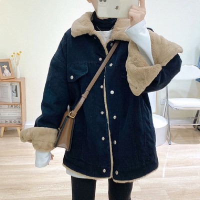Thỏ nhung lót màu rắn áo khoác denim của phụ nữ mùa đông mới phiên bản Hàn Quốc của Triều Tiên áo khoác bông dày nhung chất lượng cao