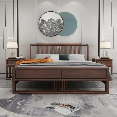 Giường gỗ đặc kiểu Trung Quốc mới giường đôi Zen gỗ tần bì 1,8m1,5m Nhà nghỉ chỉ phục vụ bữa sáng đồ nội thất phòng ngủ màu ghi gió