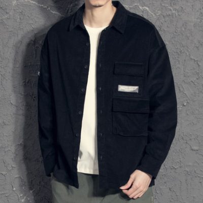 Yi Yang áo sơ mi nam nhiều túi vải nhung nam giản dị phiên bản Hàn Quốc của xu hướng áo sơ mi đen dài tay đẹp trai