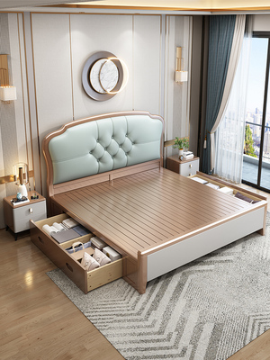 Giường gỗ cứng sang trọng nhẹ 1,8 mét Giường cưới đôi kiểu Bắc Âu đơn giản, hiện đại Phòng ngủ chính kiểu Mỹ Nội thất phòng ngủ vua