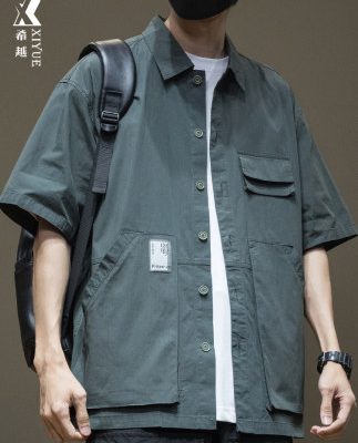 Công cụ chức năng áo sơ mi nam ngắn tay mùa hè Nhật Bản mặc bên ngoài của nam giới giản dị thiết kế kích thước lớn áo sơ mi bỏ túi