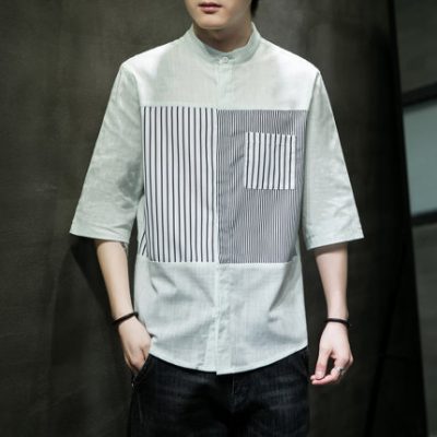 Băng lụa áo sơ mi nam ngắn tay thiết kế mùa hè sọc khâu áo sơ mi rời cổ đứng nam áo sơ mi nam tay áo ba phần tư inch mỏng