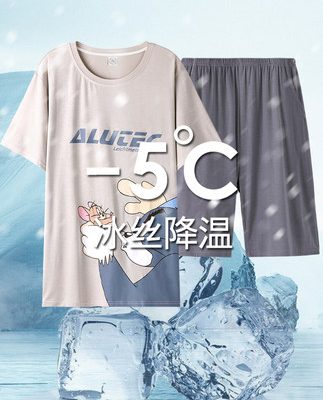 Đồ ngủ phương thức nam mùa hè ngắn tay sinh viên dễ thương hoạt hình băng lụa mỏng phần nam mùa xuân và mùa hè bộ đồ mặc nhà