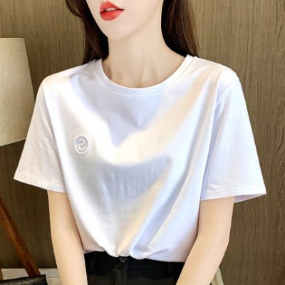 Áo thun nữ ngắn tay màu trắng 2022 mùa hè mới áo thun trơn màu cổ tròn đơn giản và nửa tay mỏng áo trên