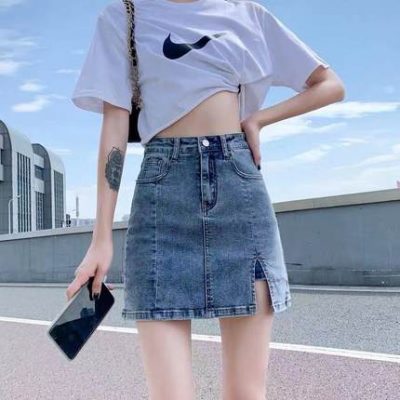 Eo cao bên hông váy denim của phụ nữ mùa hè 2022 mới mỏng một đường hot girl túi hông váy ngắn hakama