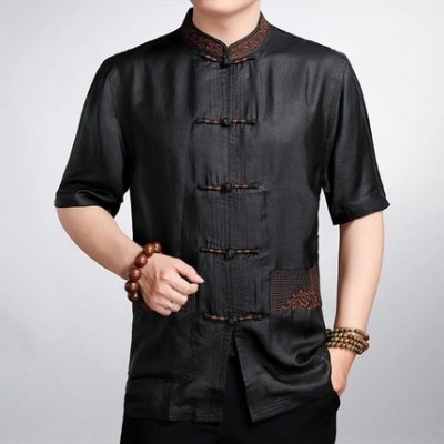 Xiangyunsha lụa Tang phù hợp với áo khoác của nam giới mùa hè ngắn tay áo sơ mi trung niên Trung Quốc áo sơ mi lụa dâu tằm Quần áo nam giới phong cách Trung Quốc