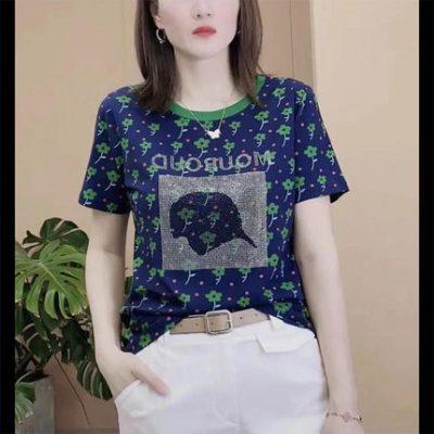 Áo thun nữ tay ngắn hoa 2022 mùa hè mới của ngành công nghiệp nặng ủi áo thun cổ tròn cỡ lớn rời tay áo nửa trên