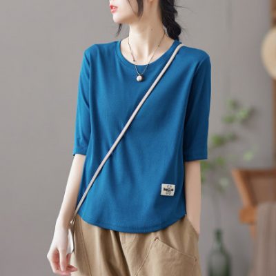 Retro văn học cotton tinh khiết màu sắc mỏng phần áo thun năm điểm tay áo phụ nữ 2022 áo mùa hè mới mỏng và cân nhắc