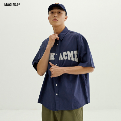 Macheda mùa hè Nhật Bản thủy triều thương hiệu in thư tay ngắn nam giới áo sơ mi cổ điển rộng rãi cặp đôi áo sơ mi giản dị thủy triều