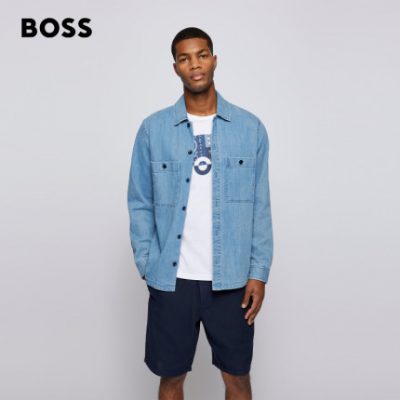HUGO BOSS Hugo Boss Nam Xuân / Hè 2022 Logo thêu mới Áo sơ mi denim co giãn đa năng