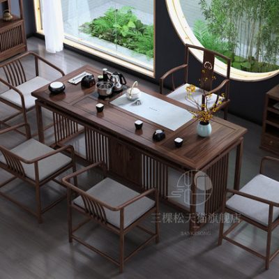 Bàn trà phong cách Trung Quốc mới và ghế kết hợp Bàn trà gỗ óc chó màu đen Zen Bàn trà gỗ rắn bộ bàn trà văn phòng Bàn trà kung fu