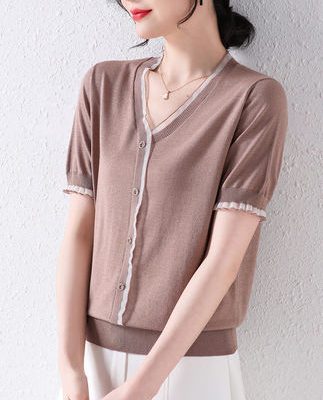 Áo thun nữ tay ngắn Váy mùa hè Mommy Top với quần ống rộng Mùa hè 2022 Áo len dệt kim lụa băng cổ chữ V mới