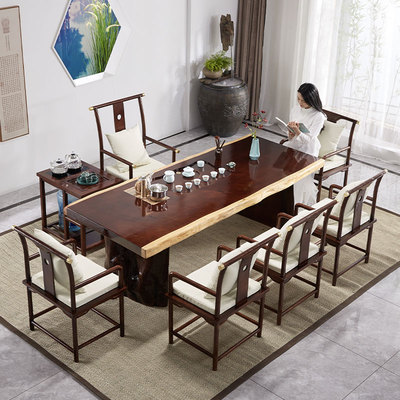 Bàn trà lớn và ghế kết hợp bàn trà gỗ nguyên khối phong cách Trung Quốc mới hoàn chỉnh bộ bàn trà gỗ văn phòng Bàn trà kung fu